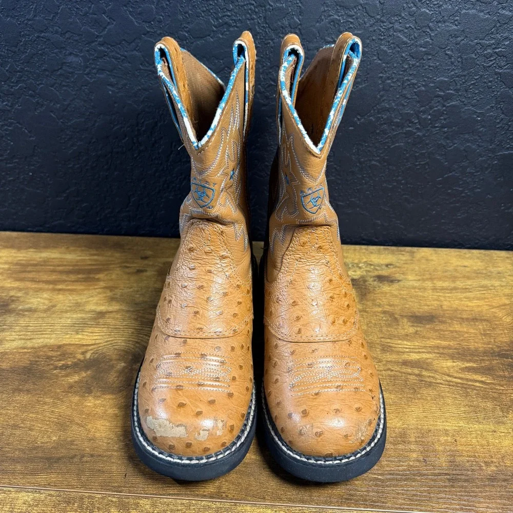 Ariat Ostrich Print 32969Y Brown Leather Western Cowboy Boots Kids Size 3